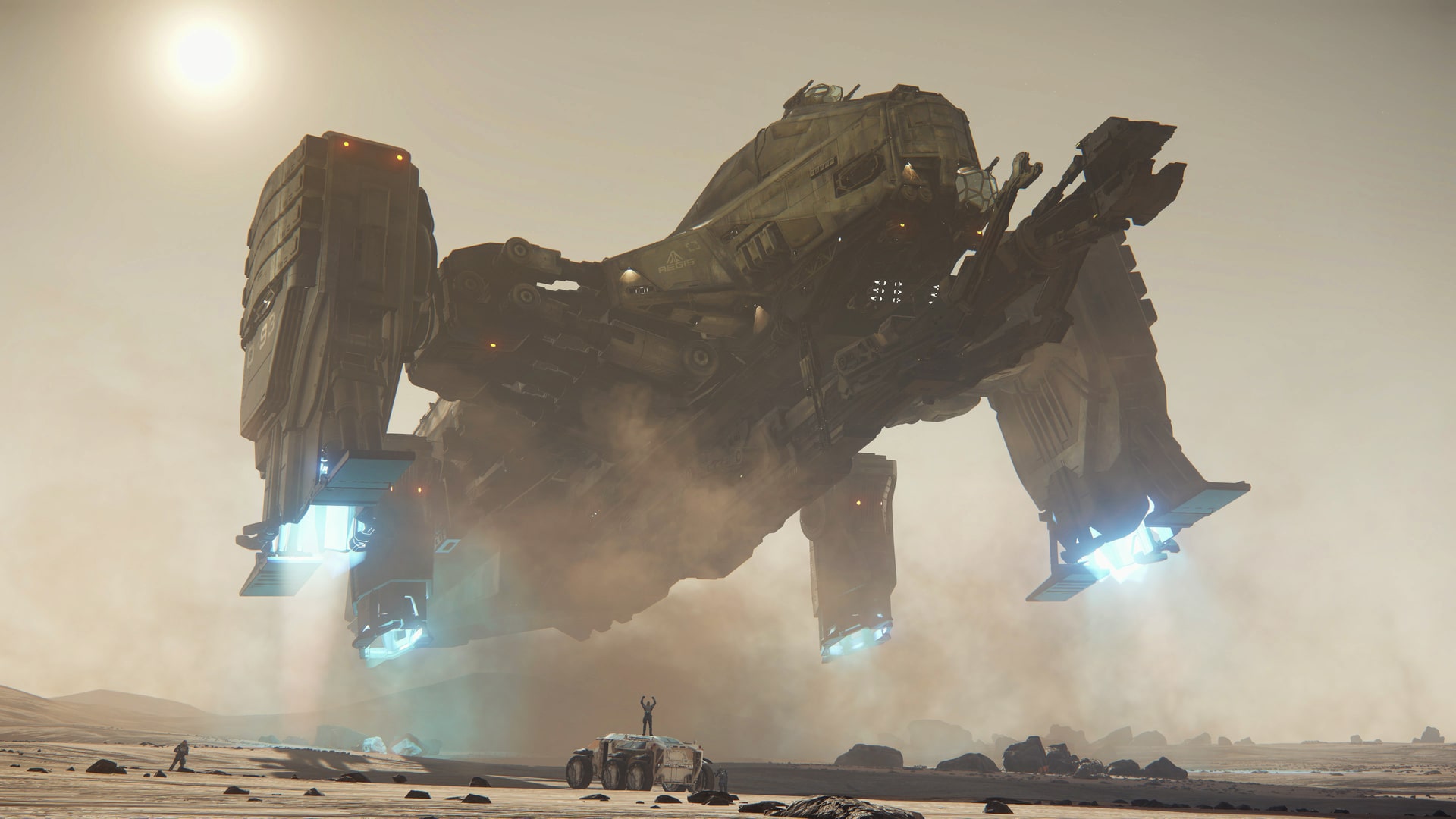 A massive Star Citizen capital ship hovering over a desert moon