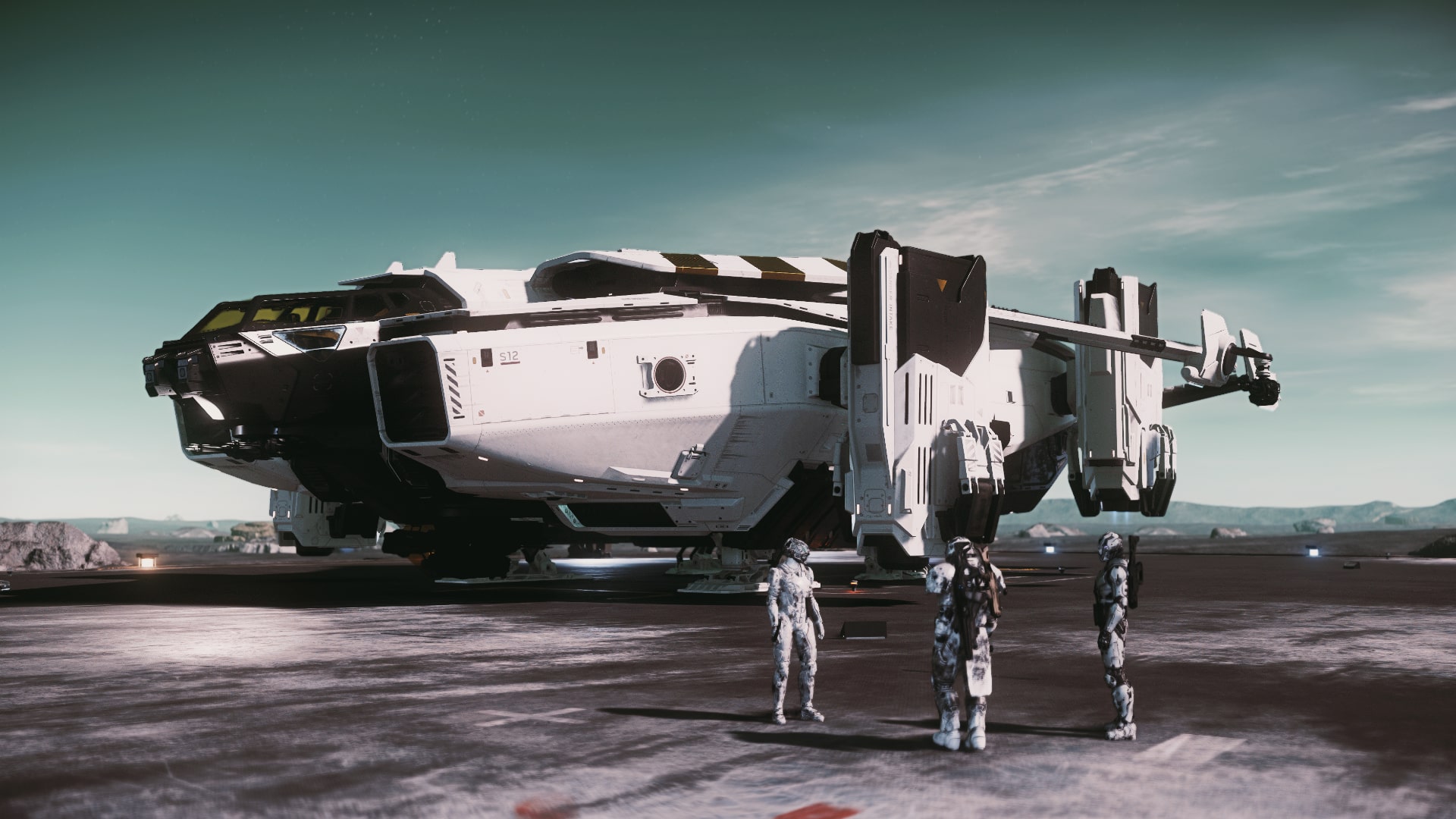 Crew standing in front of a docked Star Citizen ship on a landing pad
