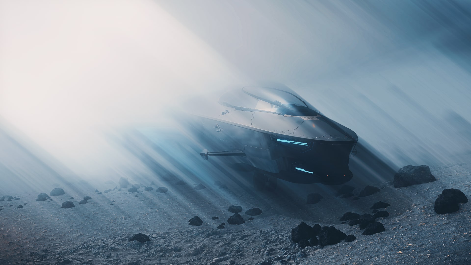 Sleek Star Citizen ship gliding low over a foggy planet surface