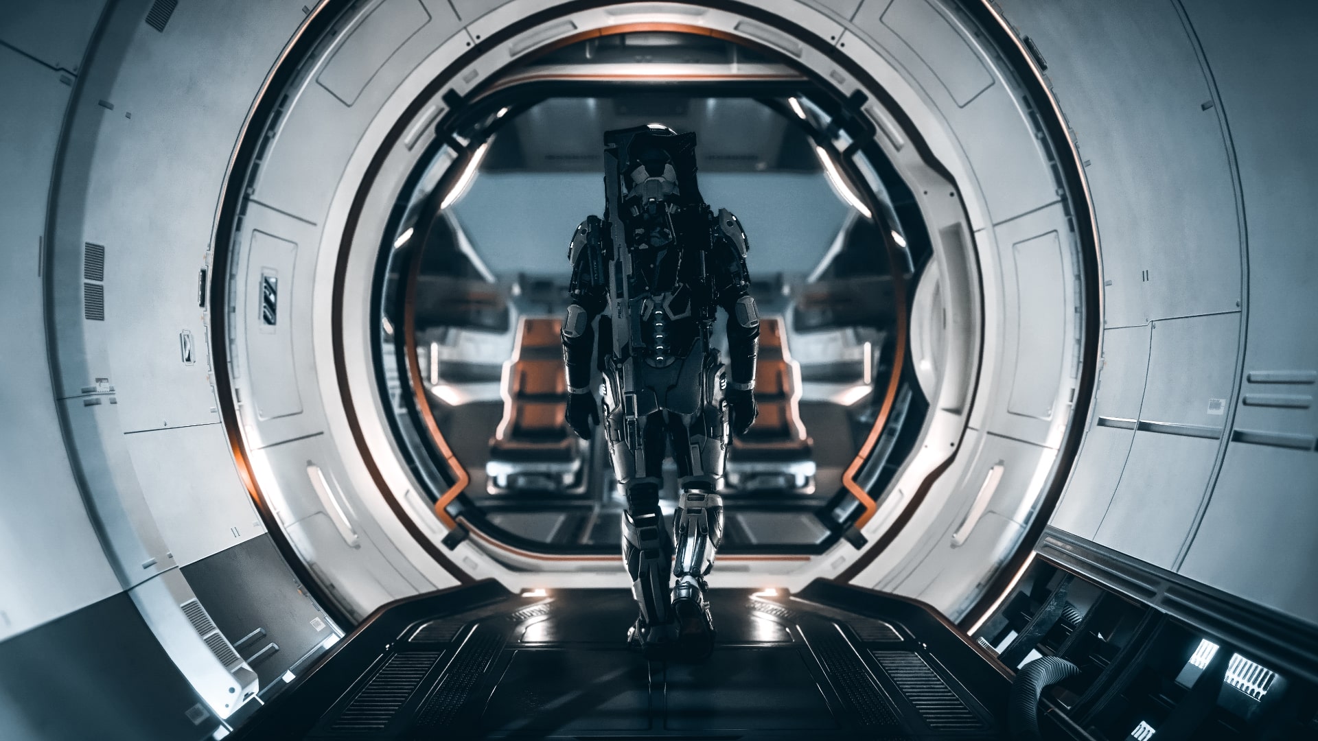 Star Citizen pilot walking through a ship airlock