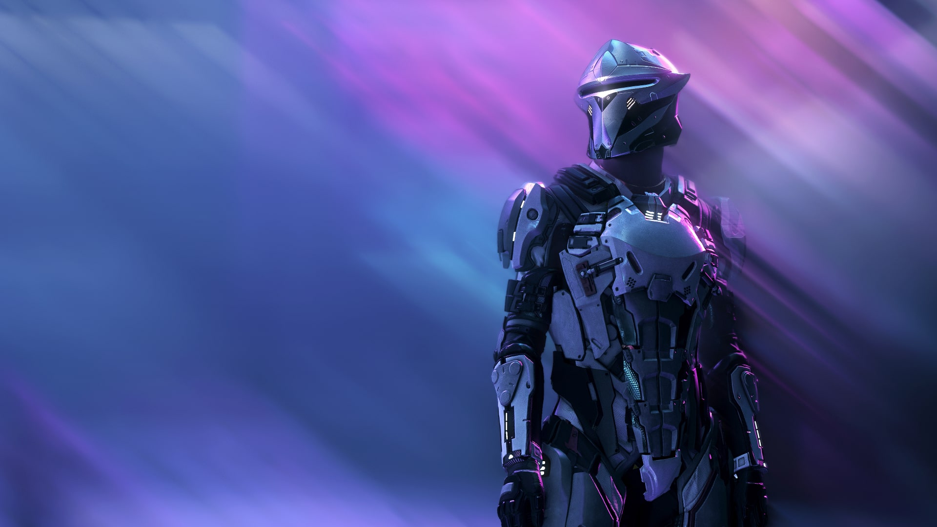 Star Citizen pilot in heavy armor lit by neon light