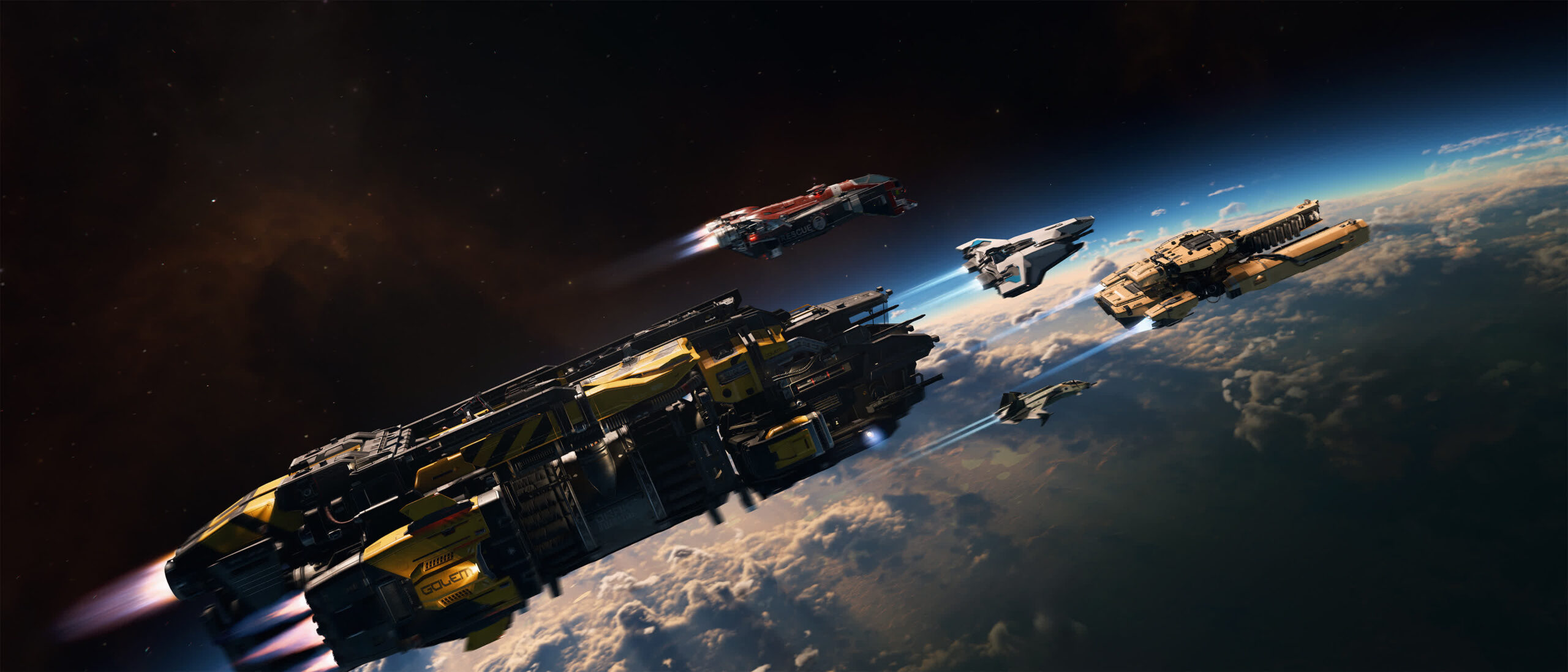A fleet of Star Citizen ships flying together above a planet